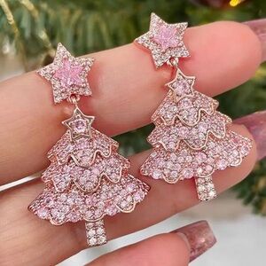 Pink Crystal Studded Star and Christmas Tree Dangle, Holiday, Party Earrings